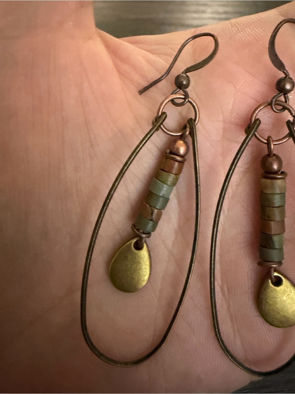 Handcrafted Green and Antique Gold Drop Hoop Earrings - Women Jewelry - Picture 3 of 3